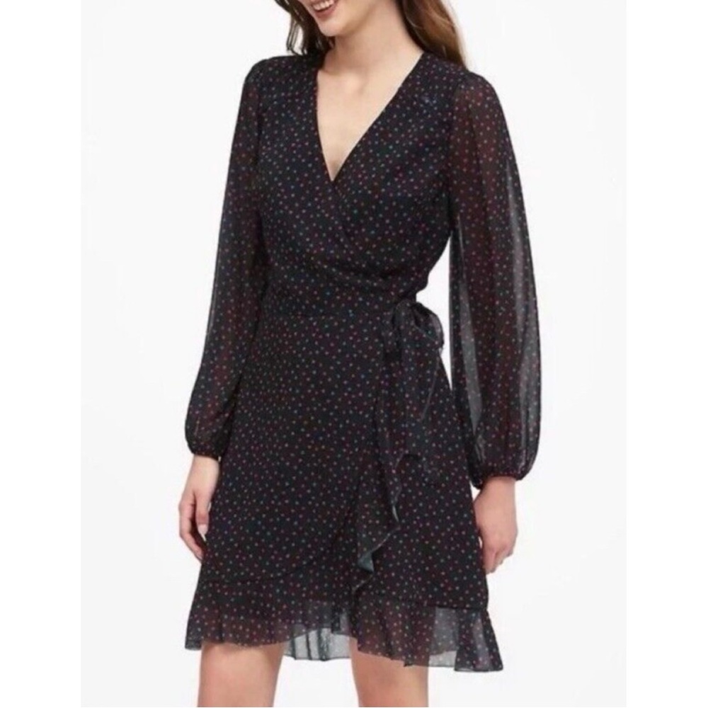Banana Republic Black Long Sleeve Polka Dot Wrap Dress